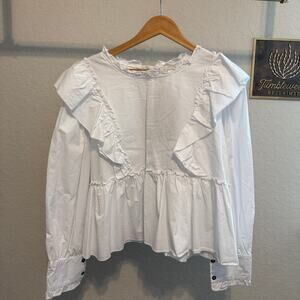 Women's Pol White‎ Cotton Ruffle Front Long Sleeve Blouse Size Small NEW